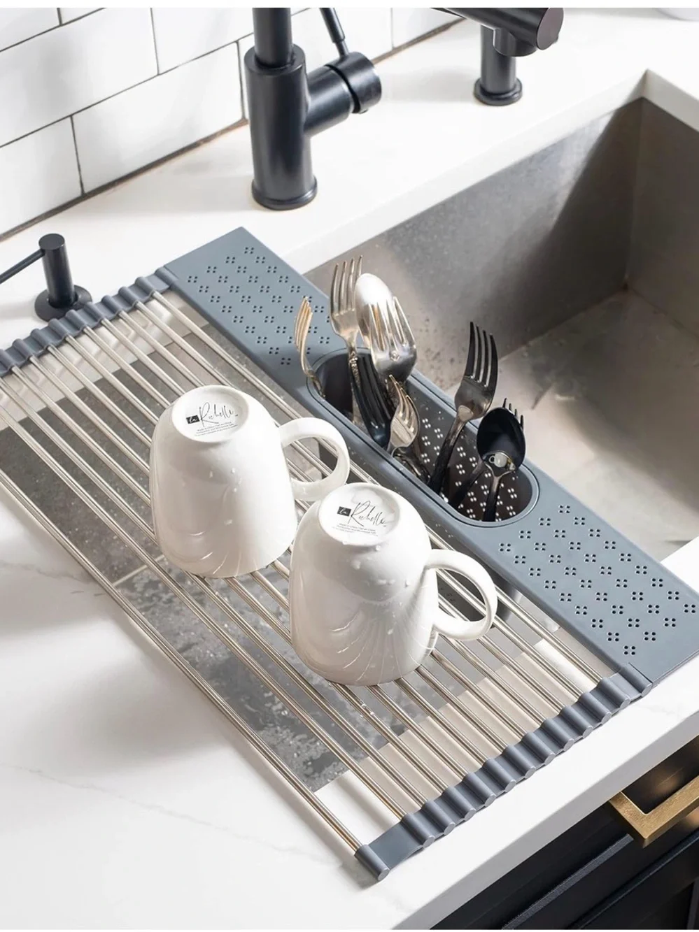 New edge Roll Up Dish Drainer, Over The Sink Foldable Drying Rack with Caddy